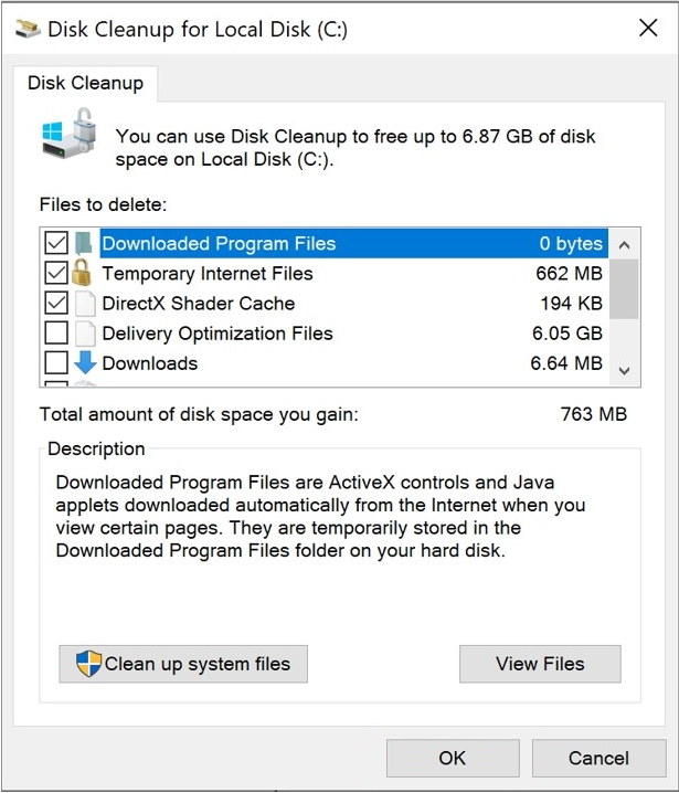 Snímek obrazovky s vyčištěním disku pro místní disk (C:)