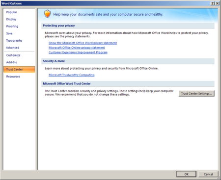 Snímek obrazovky s nastavením Centra zabezpečení v Office 2007