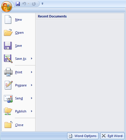 Snímek obrazovky pro výběr možnosti Word v Office 2007