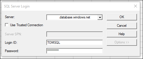 Snímek obrazovky pro přihlášení pomocí názvu SQL Azure Database