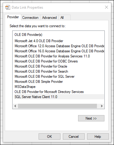 Snímek obrazovky pro výběr položky SQL Server Native Client 11.0