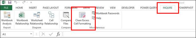 Snímek obrazovky s výběrem možnosti Vyčistit nadbytečné formátování buněk na kartě Inquire (Diagnostika)