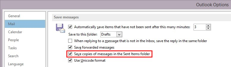 Snímek obrazovky ukazuje kroky k povolení možnosti Uložit kopie zpráv do složky Odeslaná pošta v aplikaci Outlook 2010 nebo novějších verzích.