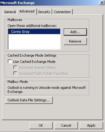 Snímek obrazovky s kartou Upřesnit v dialogovém okně Microsoft Exchange