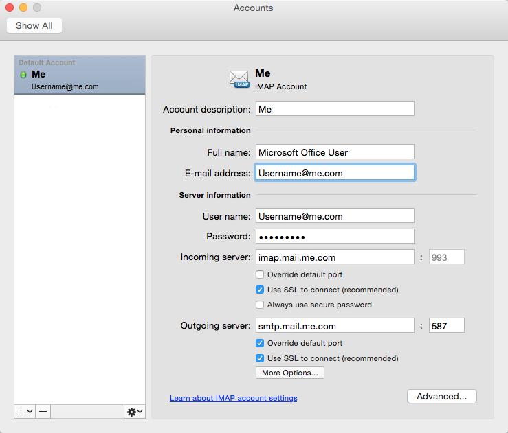 Snímek obrazovky ukazuje postup konfigurace e-mailového účtu Apple iCloud v Microsoft Outlook pro Mac.