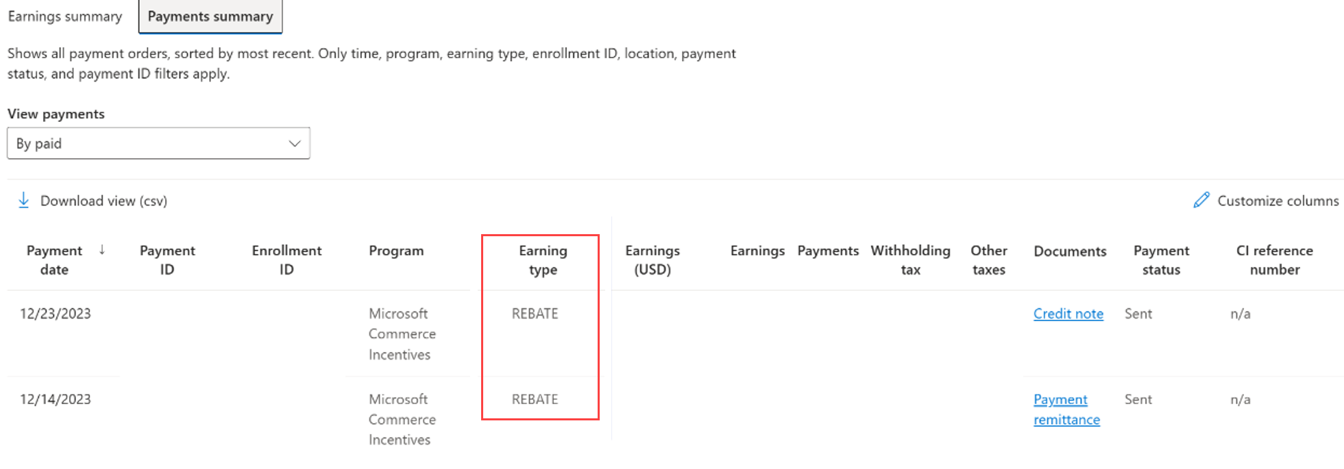 Snímek obrazovky se stránkou Příjmy na kartě Souhrn příjmů