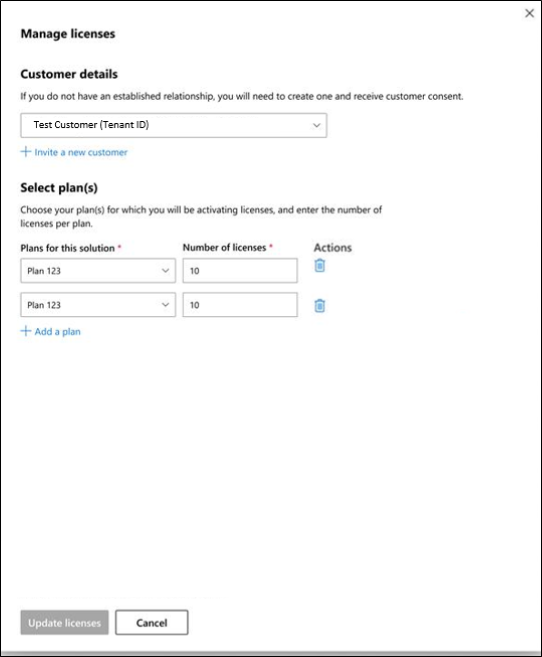 Snímek obrazovky s formulářem Spravovat licence