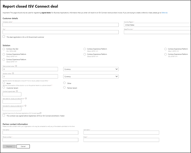 Snímek obrazovky znázorňující formulář, ve kterém můžete zadat informace pro nahlášení uzavřené dohody o isV