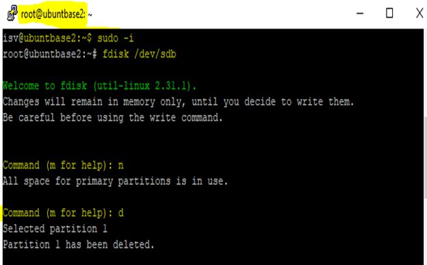 Snímek obrazovky klientského příkazového řádku Putty zobrazující příkazy pro odstranění existujících oddílů