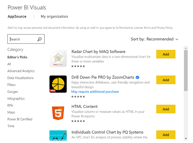 Snímek obrazovky zobrazující seznam doplňků AppSource z Power BI