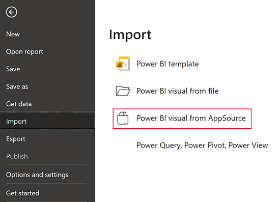 Snímek obrazovky znázorňující, jak získat přístup k vizuálům Power BI v AppSource z nabídky Soubor Power BI