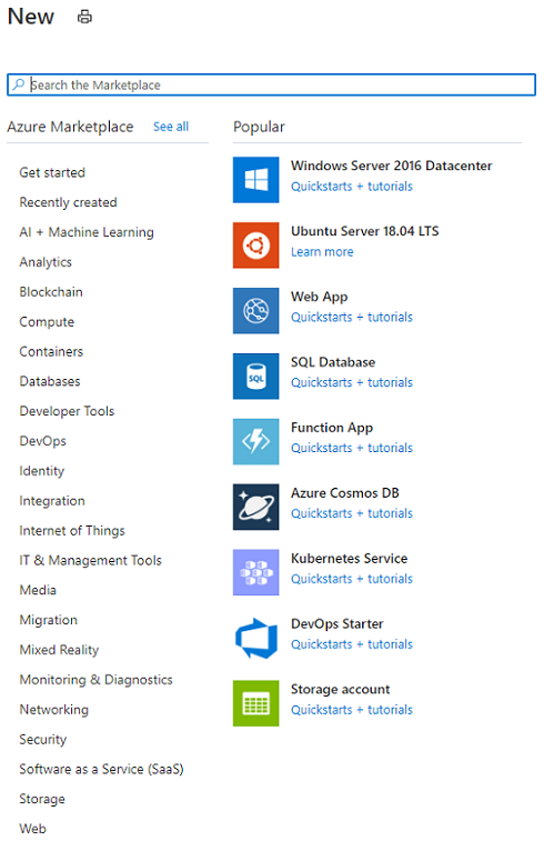 Snímek obrazovky s možnostmi hledání na Azure Marketplace na webu Azure Portal