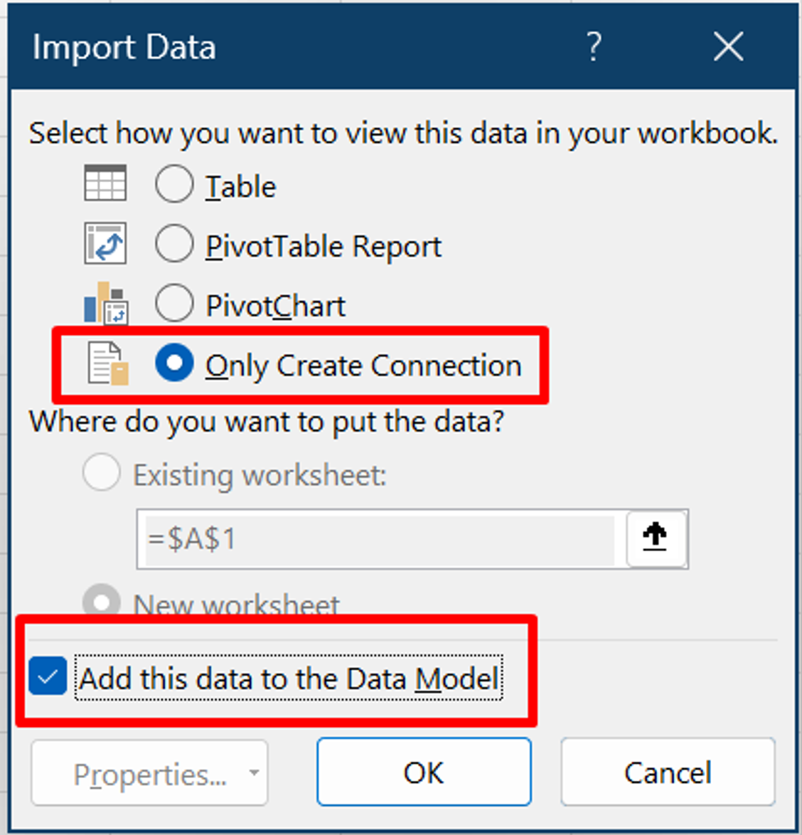 Snímek obrazovky s oknem Importovat data se zvýrazněnou dvěma položkami: Vytvořit připojení a Přidat tato data do datového modelu
