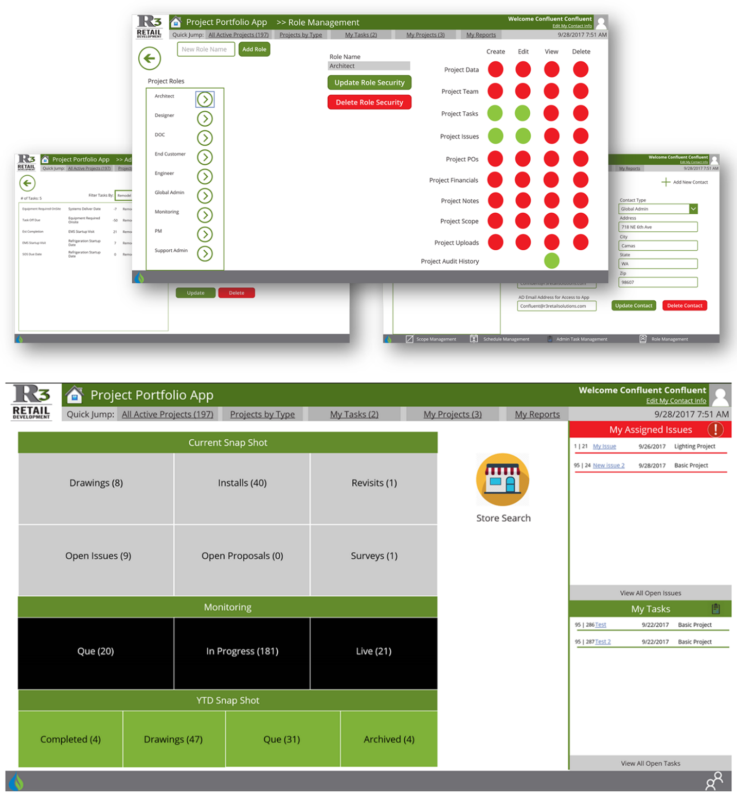 Screenshot obrazovky pro správu rolí R3 a řídicího panelu klíčových statistik.