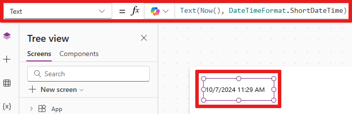 Snímek obrazovky, který ukazuje, jak vytvořit funkci Text(), která zobrazuje zkrácenou verzi DateTime.