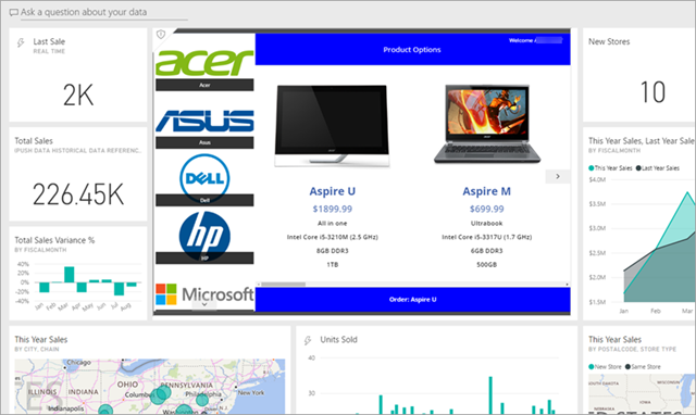 Řídicí panel Power BI s&nbsp;vloženou aplikací.