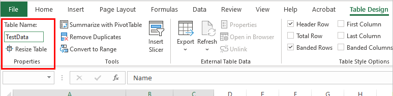 Snímek obrazovky zvýrazňující název tabulky v aplikaci Excel.