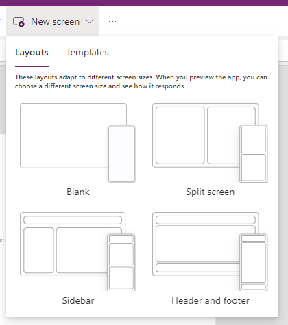 Snímek obrazovky, který ukazuje, jak vybrat rozvržení z nabídky Nová obrazovka
