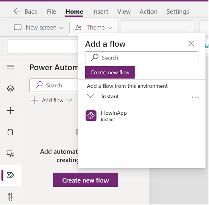 Snímek obrazovky zobrazující tlačítko Power Automate v levém podokně s otevřeným dialogem Přidání toku zobrazující tok FlowInApp dostupný pro přidání do aplikace.