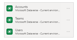 Tabulky účtů, týmů a uživatelů v podokně Data.