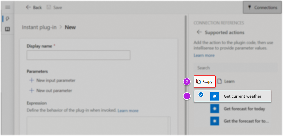 Kopírování fragmentu akce z podokna připojení