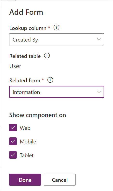 Přidání ovládacího prvku komponenty formuláře pro jednu související tabulku