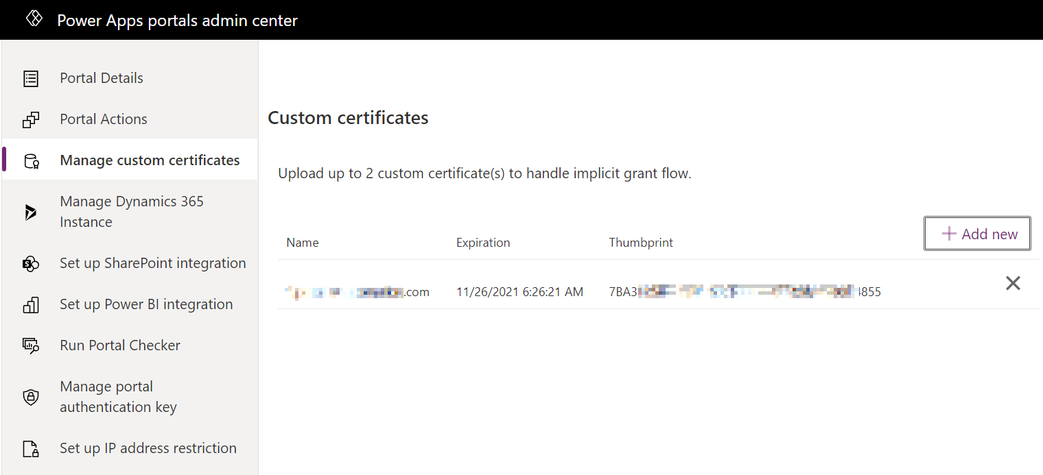 Karta Správa vlastních certifikátů v centru pro správu portálů Power Apps.
