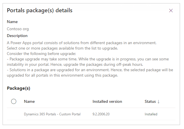 Podrobnosti balíčků portálu, jako je název, verze a stav instalace.