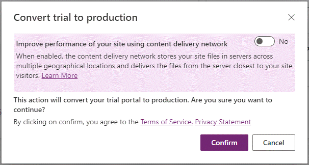 Zpráva potvrzující, že chcete povolit Content Delivery Network při převodu zkušební verze na provozní.