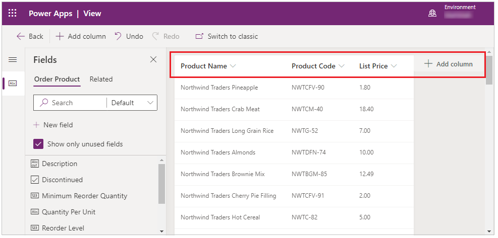 Snímek obrazovky zobrazující zobrazení vyhledávání na portálu se sloupci Název produktu, Kód produktu a Katalogová cena, stejně jako možnost přidat sloupce.