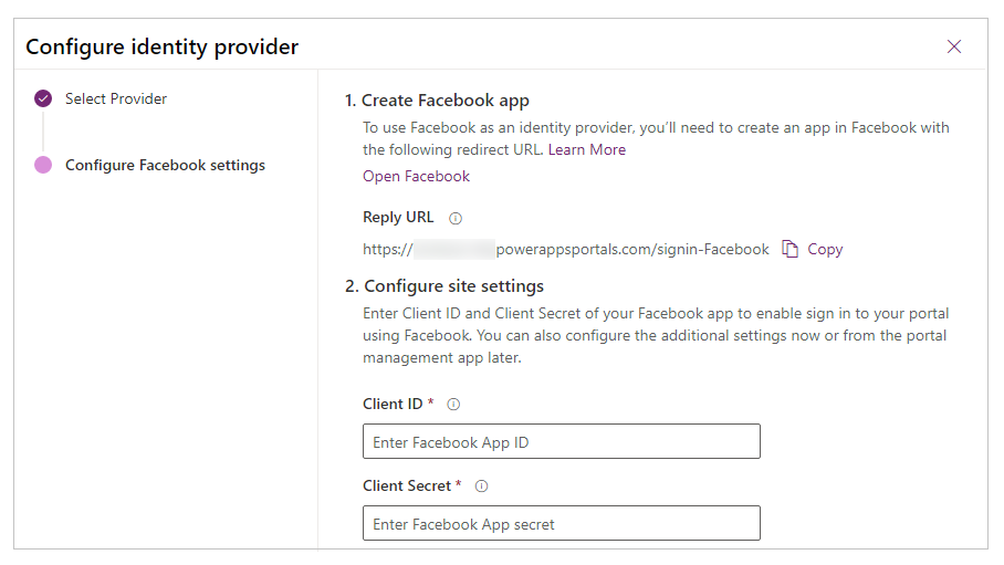 Konfigurace aplikace Facebook.