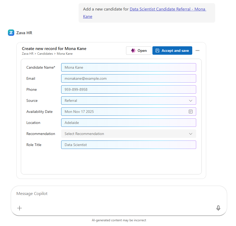 Snímek obrazovky znázorňující pomoc s vyplněním formuláře v Microsoftu 365 Copilot