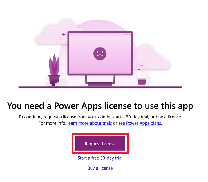 Žádost o licenci Power Apps od správce.