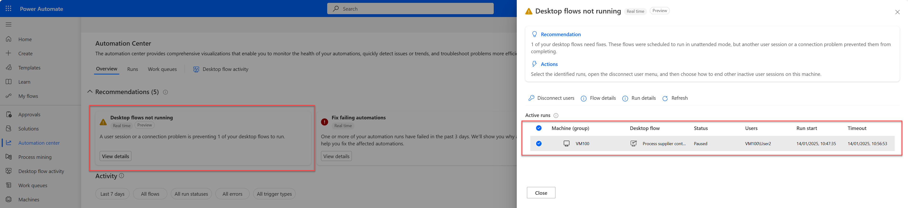 Snímek obrazovky doporučení souvisejícího s orchestrací v Centru automatizace zobrazující žádost o odpojení relace uživatele.
