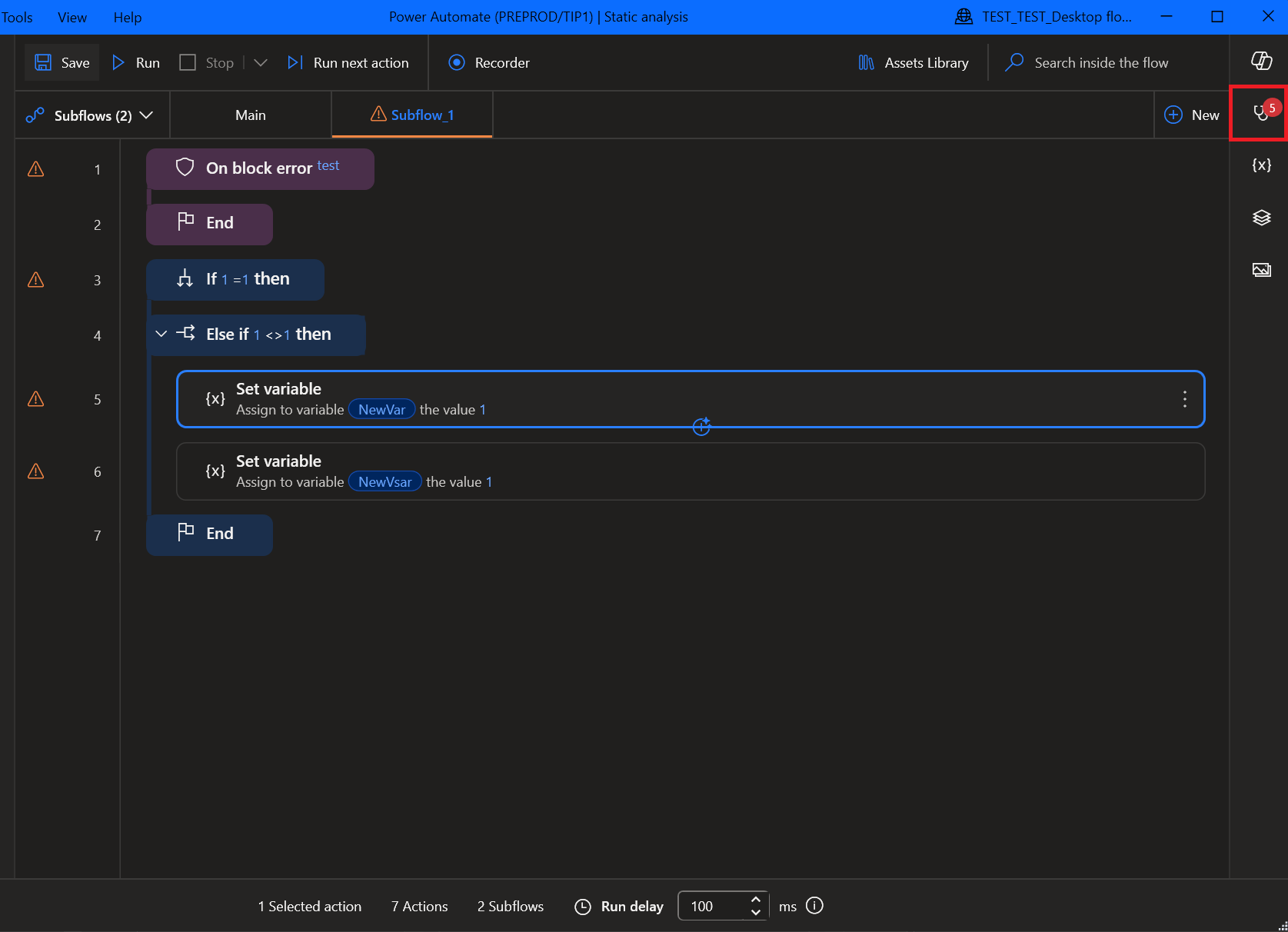 Snímek obrazovky tlačítka v návrháři Power Automate pro desktopy, které otevře podokno statické analýzy.