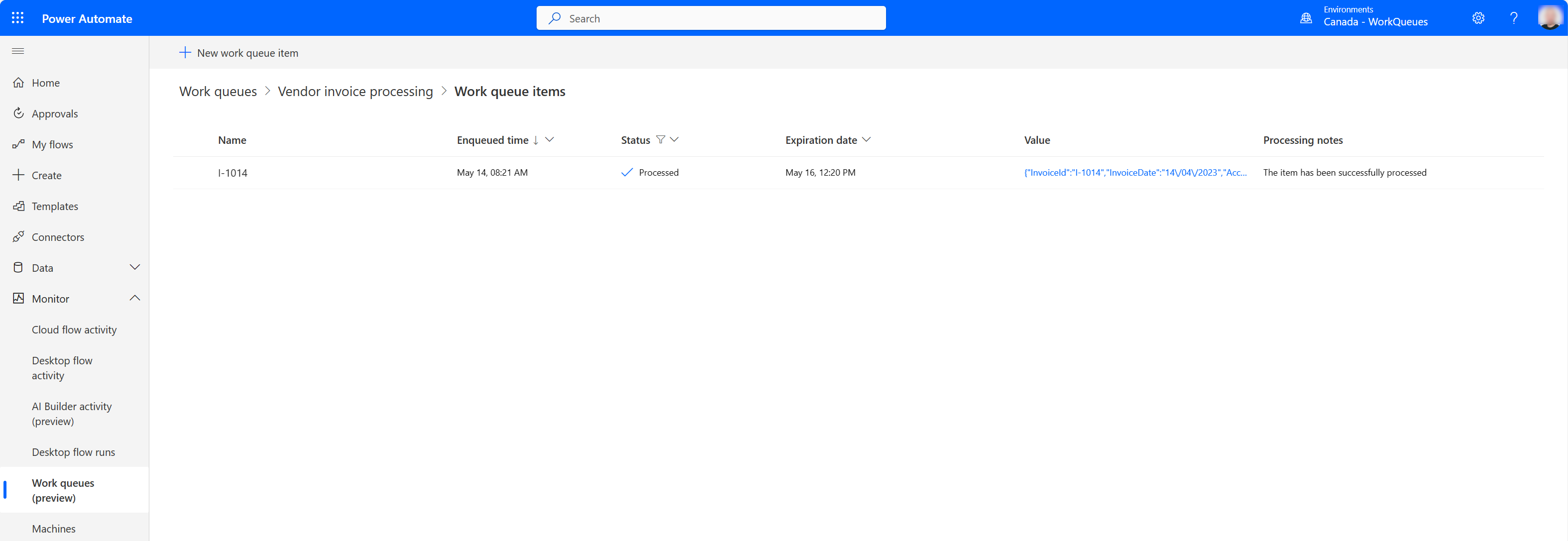 Screenshot stránky seznamu položek pracovní fronty, která je filtrována tak, aby zobrazovala pouze zpracované položky.