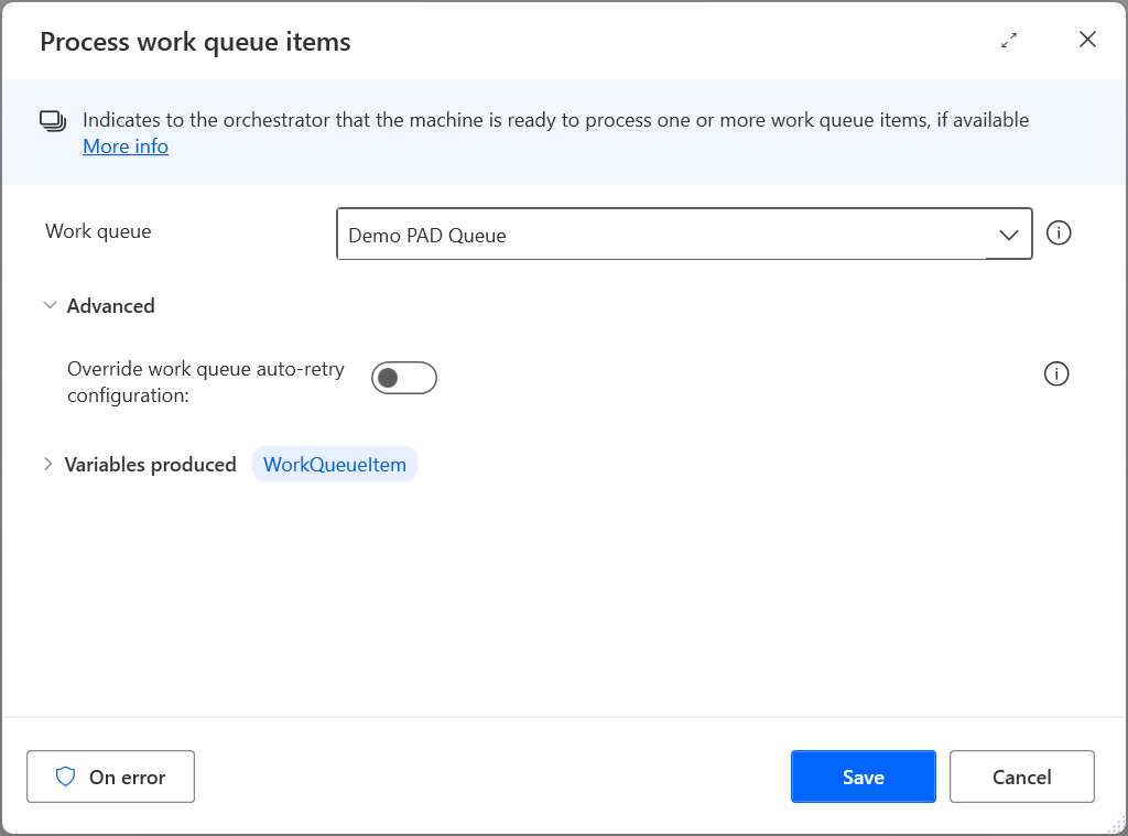 Snímek obrazovky akce WorkQueueItem nakonfigurované na zpracování položek fronty v aplikaci Power Automate pro desktopy.