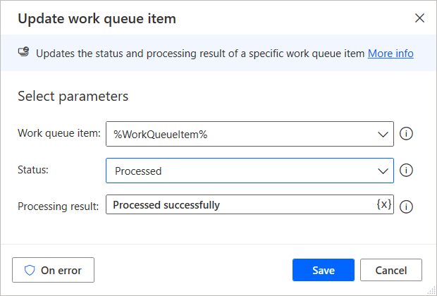 Příklad snímku obrazovky s akčními vstupy aktualizace položky pracovní fronty.