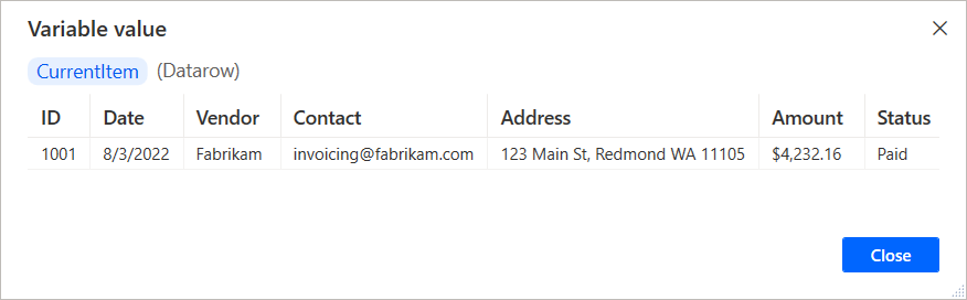 Screenshot s příkladem řádku dat generovaným pro každou smyčku.