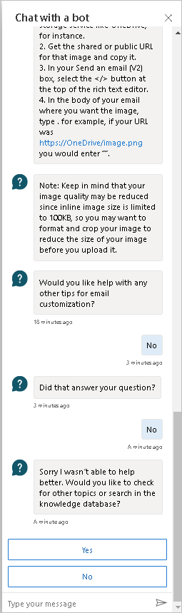 Snímek obrazovky ukazující chat s robotem s možností pokračovat a položit další otázku.