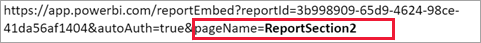 Snímek obrazovky s připojením nastavení pageName k adrese URL se zvýrazněnou možností pageName=ReportSection 2