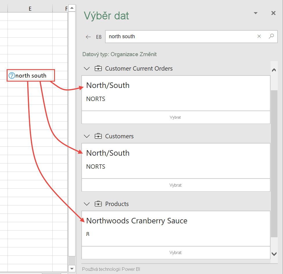 Screenshot of Excel Data Selector pane with multiple possibilities.