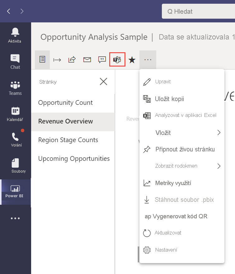 Screenshot of the Opportunity Analysis Sample report in the Microsoft Teams app with the Revenue Overview displayed and Share option selected.