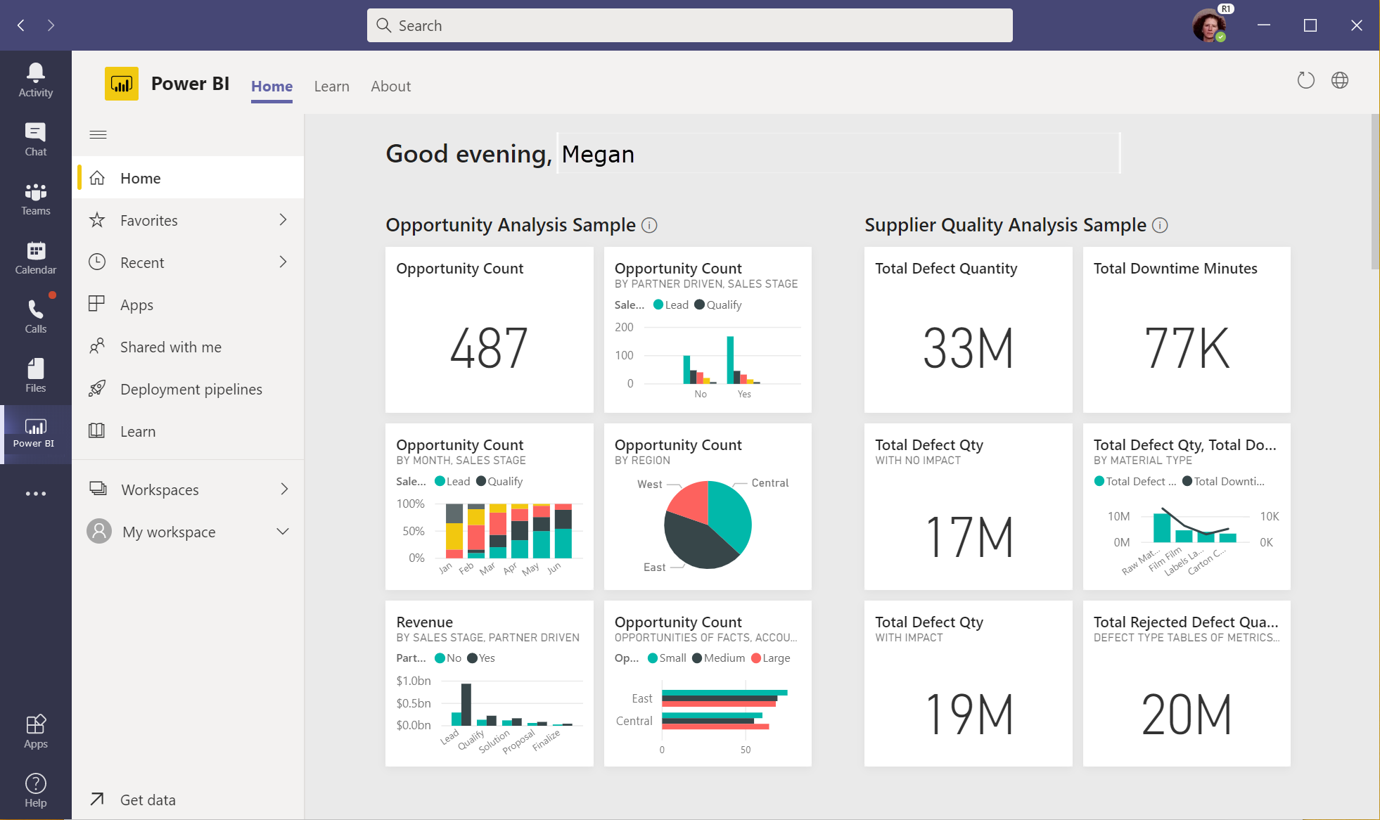 Screenshot of the Power BI app home page in Microsoft Teams showing the In Teams tab selected.