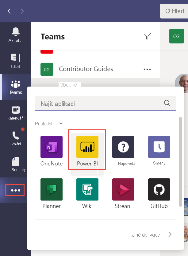 Screenshot of the Teams page with More added apps menu selected. Power BI is entered in the search bar and selected from the apps list.