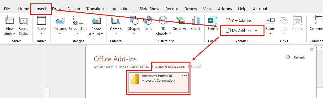 Snímek obrazovky znázorňující doplněk Microsoft Power BI pro PowerPoint jako doplněk spravovaný správcem