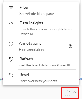 snímek obrazovky s doplňkem Power BI pro nabídku možností dat PowerPointu