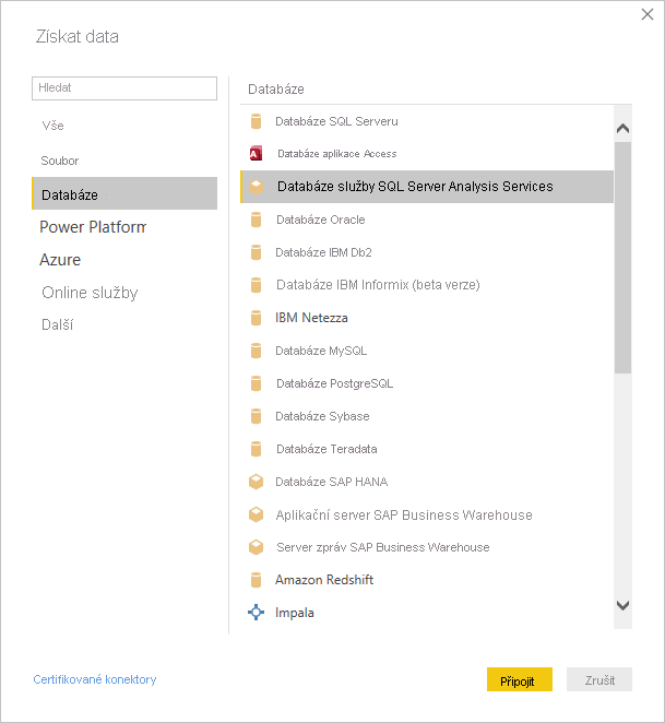 Snímek obrazovky s dialogovým oknem Načíst data s vybranou databází Služba Analysis Services serveru SQL