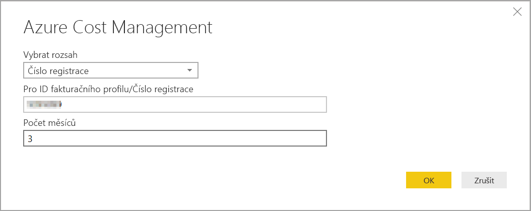 Snímek obrazovky znázorňující vlastnosti služby Microsoft Cost Management s rozsahem čísla registrace