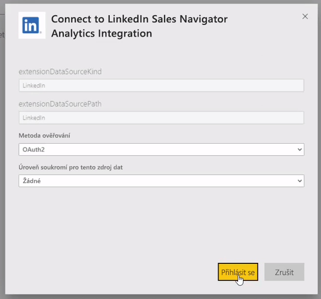 Screenshot shows a dialog where you can sign in to connect to LinkedIn.